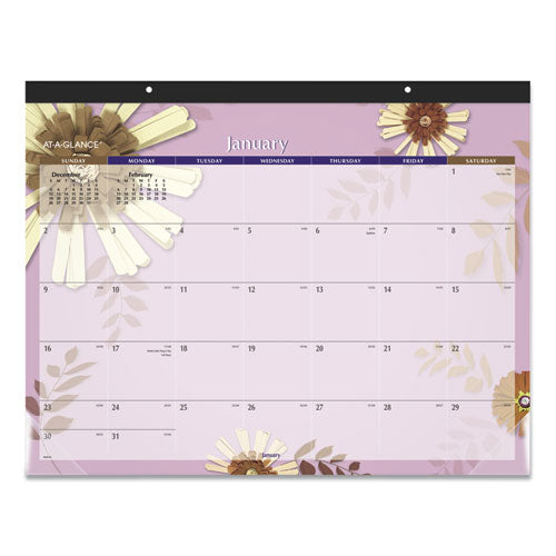 Paper Flowers Desk Pad, Floral Artwork, 22 X 17, Black Binding, Clear Corners, 12-month (jan To Dec): 2024