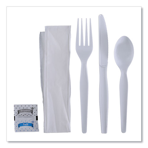 Six-piece Cutlery Kit, Condiment/fork/knife/napkin/spoon, Heavyweight, White, 250/carton