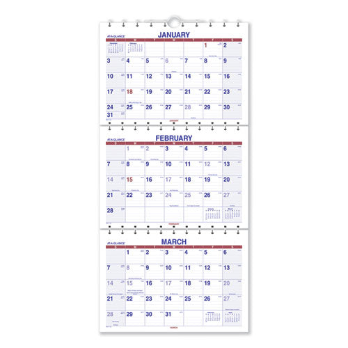 Move-a-page Three-month Wall Calendar, 12 X 27, White/red/blue Sheets, 15-month (dec To Feb): 2023 To 2025