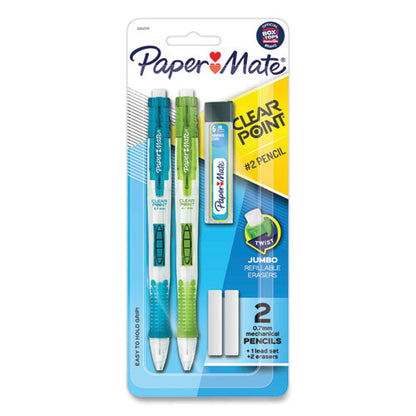 Clear Point Mechanical Pencils With Tube Of Lead/erasers, 0.7 Mm, Hb (#2), Black Lead, Randomly Assorted Barrel Colors, 2/pk