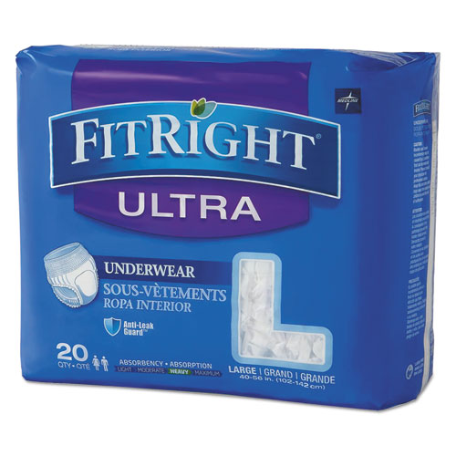 Fitright Ultra Protective Underwear, Large, 40" To 56" Waist, 20/pack