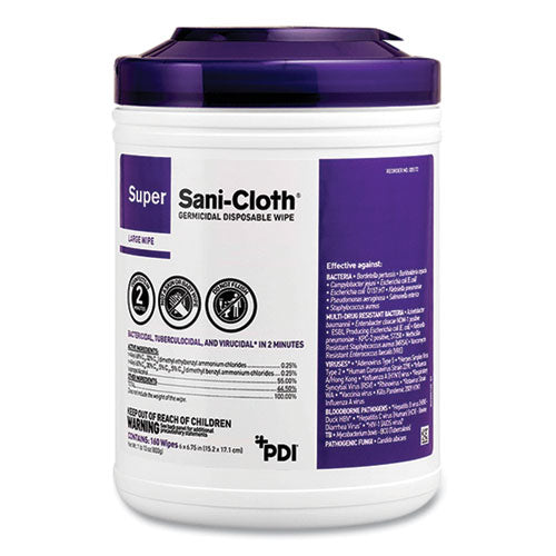 Super Sani-cloth Germicidal Disposable Wipes, Extra-large, 1-ply, 7.5" X 15", Unscented, White, 75/pack