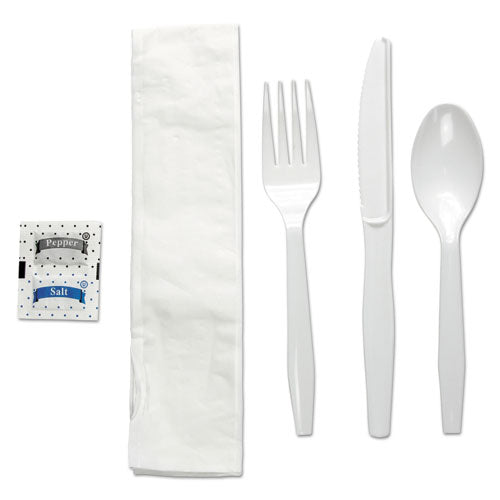 Six-piece Cutlery Kit, Condiment/fork/knife/napkin/teaspoon, White, 250/carton