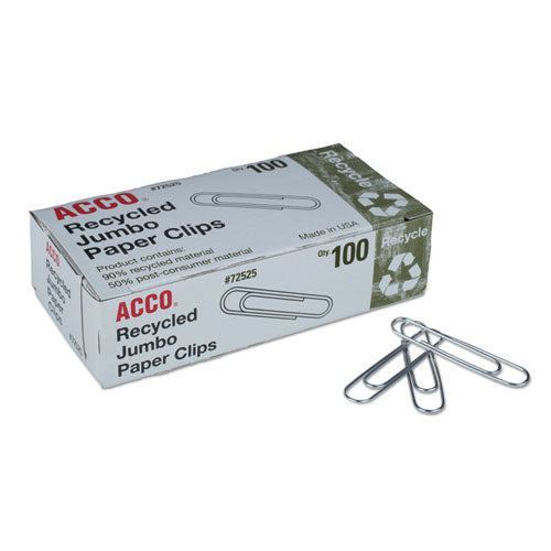 Recycled Paper Clips, Jumbo, Smooth, Silver, 100 Clips/box, 10 Boxes/pack