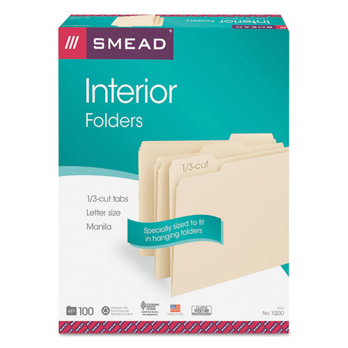 Interior File Folders, 1/3-cut Tabs: Assorted, Letter Size, 0.75" Expansion, Manila, 100/box