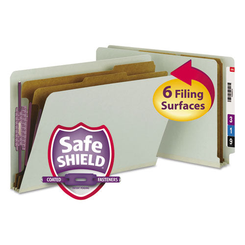 End Tab Pressboard Classification Folders, Six Safeshield Fasteners, 2" Expansion, 2 Dividers, Legal Size, Gray-green, 10/box