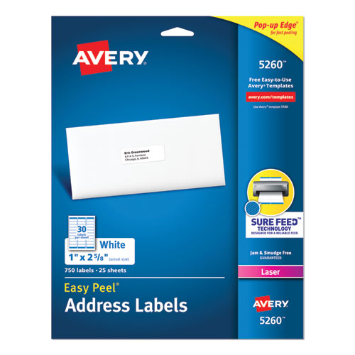 Easy Peel White Address Labels W/ Sure Feed Technology, Laser Printers, 1 X 2.63, White, 30/sheet, 25 Sheets/pack