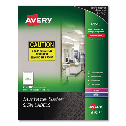 Surface Safe Removable Label Safety Signs, Inkjet/laser Printers, 7 X 10, White, 15/pack