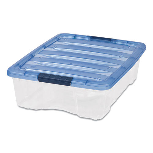 Stack And Pull Latching Flat Lid Storage Box, 6.73 Gal, 16.5" X 22" X 6.5", Clear/translucent Blue