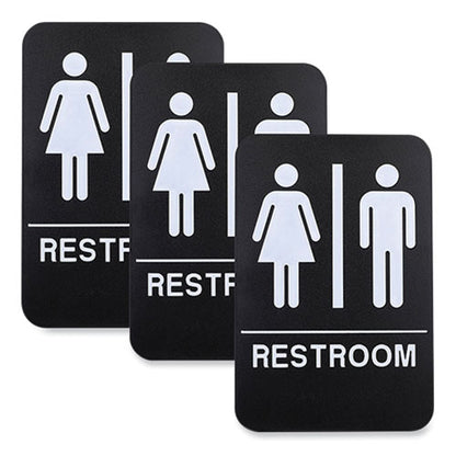 Indoor/outdoor Restroom With Braille Text, 6" X 9", Black Face, White Graphics, 3/pack