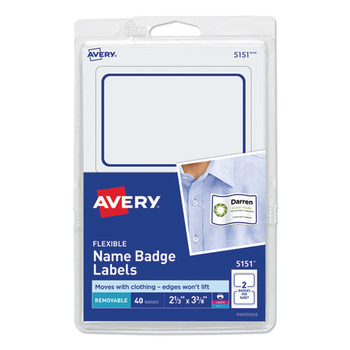 Flexible Adhesive Name Badge Labels, 3.38 X 2.33, White/blue Border, 40/pack