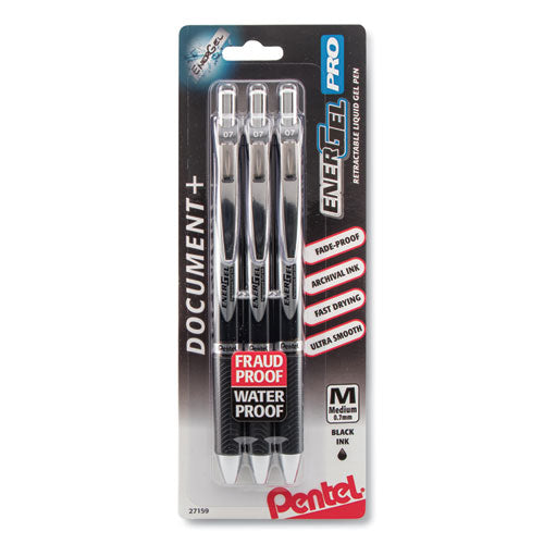 Energel Pro Hybrid Gel Pen, Retractable, Medium 0.7 Mm, Black Ink, Black Barrel, 3/pack