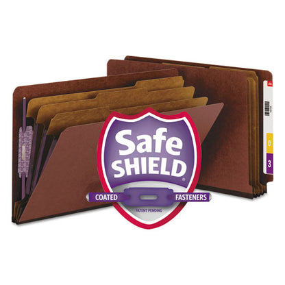 End Tab Pressboard Classification Folders, Eight Safeshield Fasteners, 3" Expansion, 3 Dividers, Legal Size, Red, 10/box