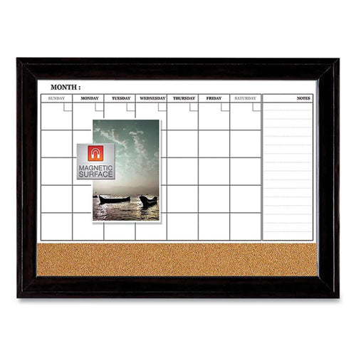 Magnetic Combination Dry Erase Calendar/cork Board, 35 X 23, Tan/white Surface, Black Wood Frame