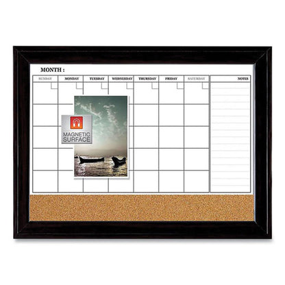 Magnetic Combination Dry Erase Calendar/cork Board, 35 X 23, Tan/white Surface, Black Wood Frame