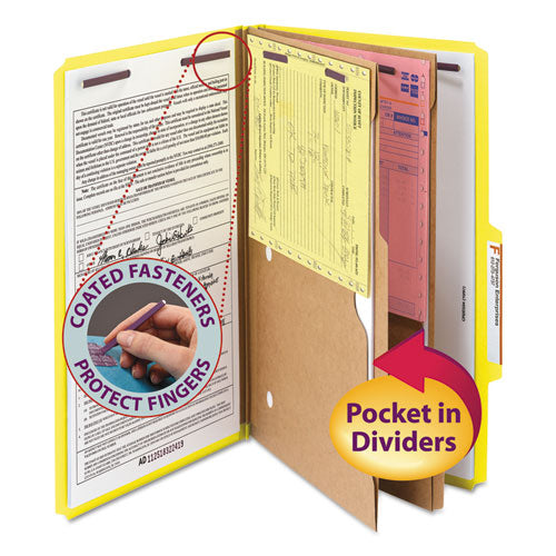 6-section Pressboard Top Tab Pocket Classification Folders, 6 Safeshield Fasteners, 2 Dividers, Legal Size, Yellow, 10/box