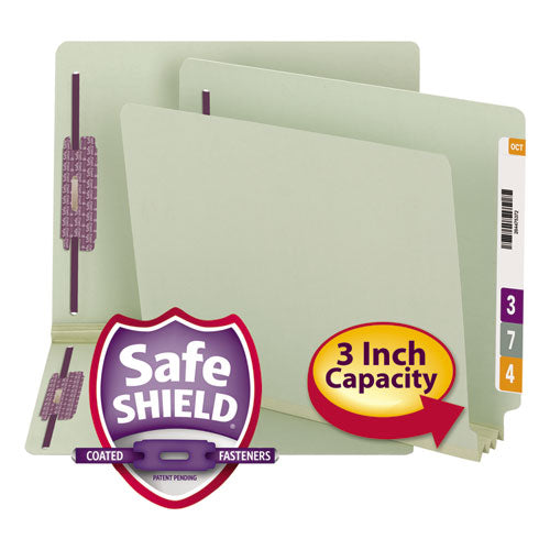 End Tab Pressboard Classification Folders, Two Safeshield Coated Fasteners, 3" Expansion, Letter Size, Gray-green, 25/box