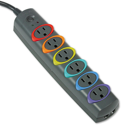 Smartsockets Color-coded Strip Surge Protector, 6 Ac Outlets, 7 Ft Cord, 945 J, Black