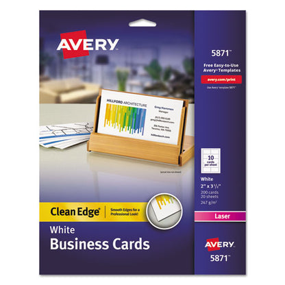 Clean Edge Business Cards, Laser, 2 X 3.5, White, 200 Cards, 10 Cards/sheet, 20 Sheets/pack