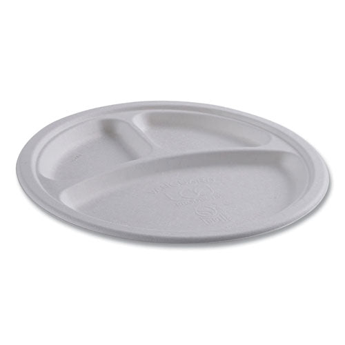 Vanguard Renewable And Compostable Sugarcane Plates, 3-compartment, 10" Dia, White, 500/carton