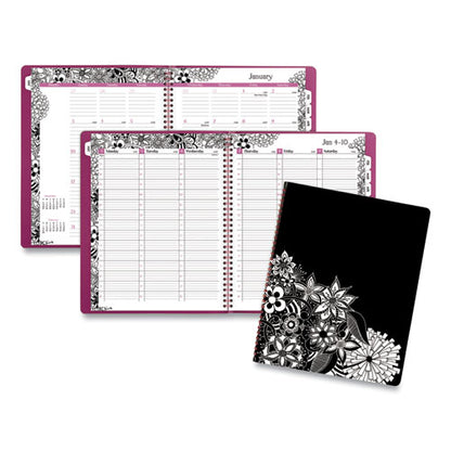 Floradoodle Weekly/monthly Professional Planner, Adult Coloring Artwork, 11 X 8.5, Black/white Cover, 12-month (jan-dec):2024