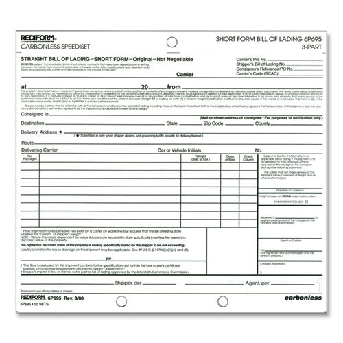 Speediset Bill Of Lading, Short Form, Three-part Carbonless, 7 X 8.5, 50 Forms Total