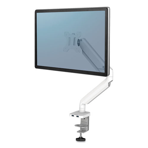 Platinum Series Single Monitor Arm, For 27" Monitors, 360 Deg Rotation, 45 Deg Tilt, 180 Deg Pan, White, Supports 20 Lb