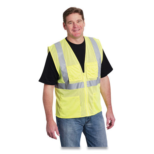 Ansi Class 2 Four Pocket Zipper Safety Vest, Polyester Mesh, Large, Hi-viz Lime Yellow