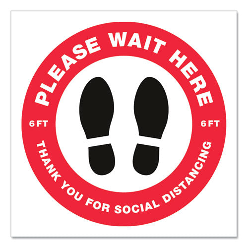 Social Distancing Floor Decals, 10.5" Dia, Please Wait Here, Red/white Face, Black Graphics, 5/pack