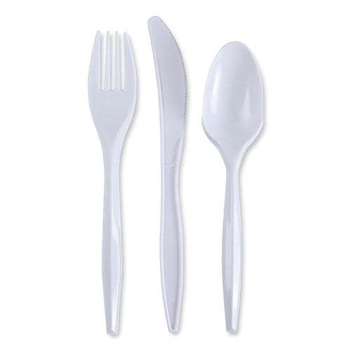 Three-piece Cutlery Kit, Fork/knife/teaspoon, Polypropylene, White, 250/carton