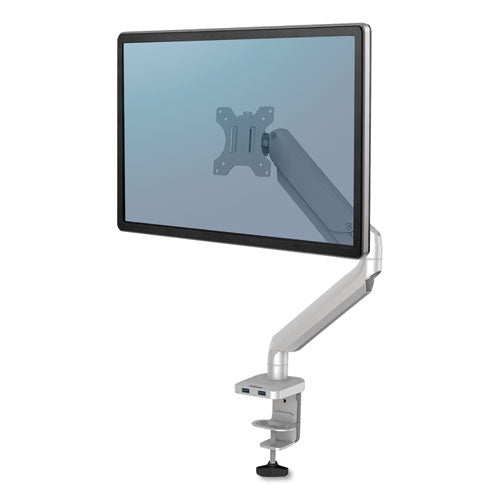 Platinum Series Single Monitor Arm, For 27" Monitors, 360 Deg Rotation, 45 Deg Tilt, 180 Deg Pan, Silver, Supports 20 Lb