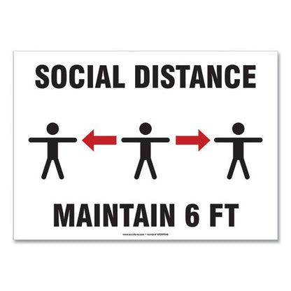 Social Distance Signs, Wall, 10 X 7, "social Distance Maintain 6 Ft", 3 Humans/arrows, White, 10/pack