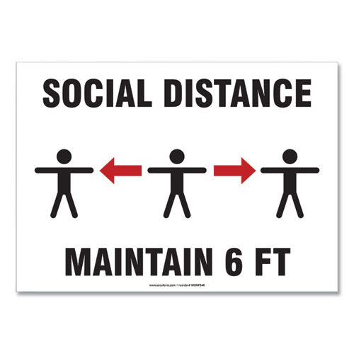 Social Distance Signs, Wall, 10 X 7, "social Distance Maintain 6 Ft", 3 Humans/arrows, White, 10/pack