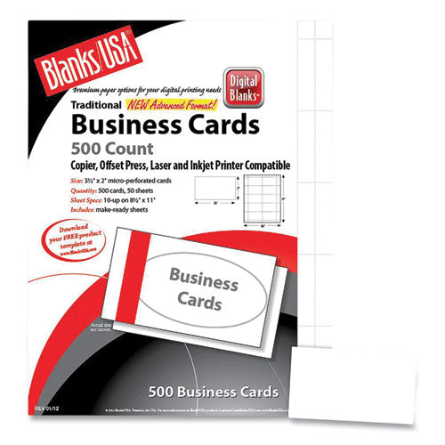 Printable Microperforated Business Cards, Copier/inkjet/laser/offset, 2 X 3.5, White, 2,500 Cards, 10/sheet, 250 Sheets/pack