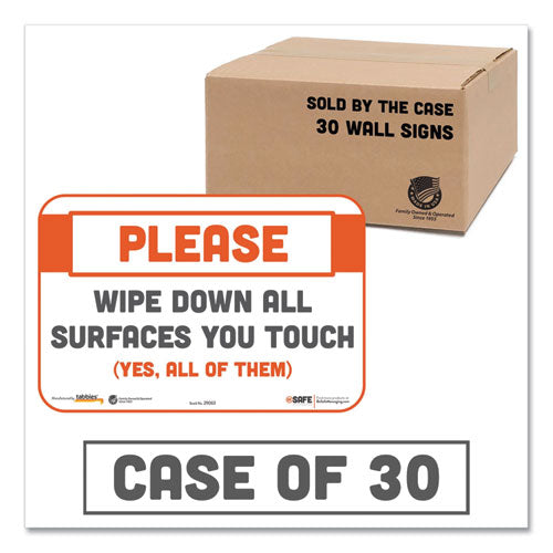 Besafe Messaging Repositionable Wall/door Signs, 9 X 6, Please Wipe Down All Surfaces You Touch, White, 30/carton