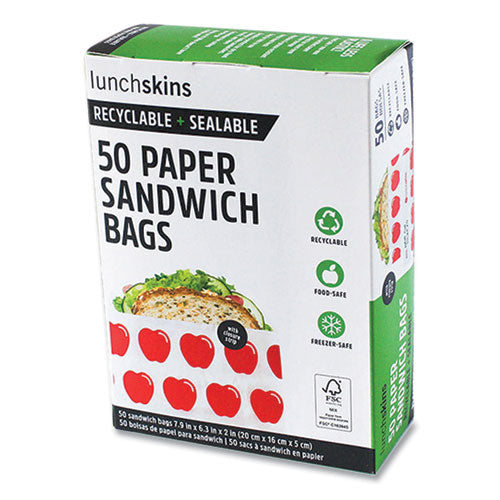 Peel And Seal Sandwich Bag With Closure Strip, 6.3 X 2 X 7.9, White With Red Apple, 50/box