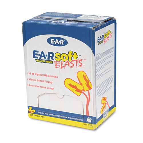 E-a-rsoft Blasts Earplugs, Corded, Foam, Yellow Neon, 200 Pairs/box