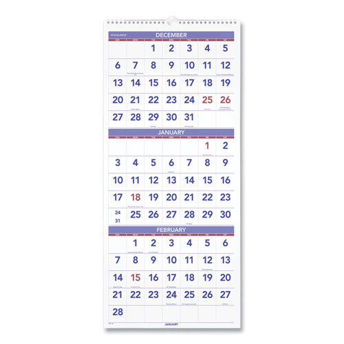 Deluxe Three-month Reference Wall Calendar, Vertical Orientation, 12 X 27, White Sheets, 14-month (dec To Jan): 2023 To 2025