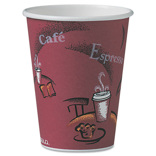 Paper Hot Drink Cups In Bistro Design, 12 Oz, Maroon, 300/carton