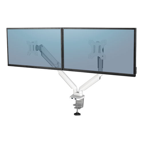 Platinum Series Dual Monitor Arm, For 27" Monitors, 360 Deg Rotation, 45 Deg Tilt, 180 Deg Pan, White, Supports 20 Lb