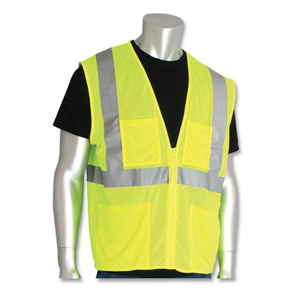 Ansi Class 2 Four Pocket Zipper Safety Vest, Polyester Mesh, 5x-large, Hi-viz Lime Yellow