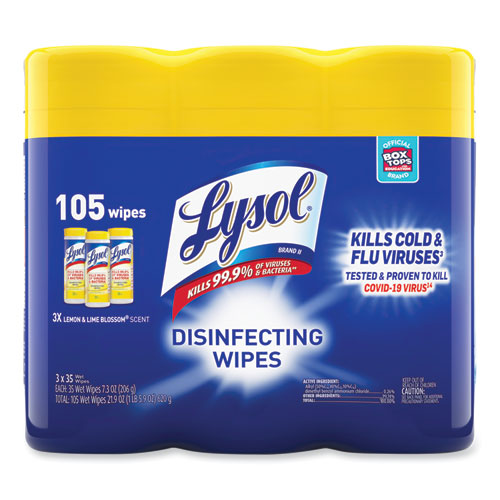 Disinfecting Wipes, 1-ply, 7 X 7.25, Lemon And Lime Blossom, White, 35 Wipes/canister, 3 Canisters/pack