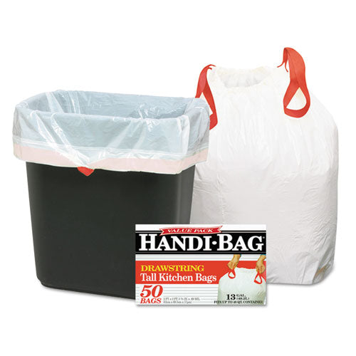 Drawstring Kitchen Bags, 13 Gal, 0.6 Mil, 24" X 27.38", White, 50/box