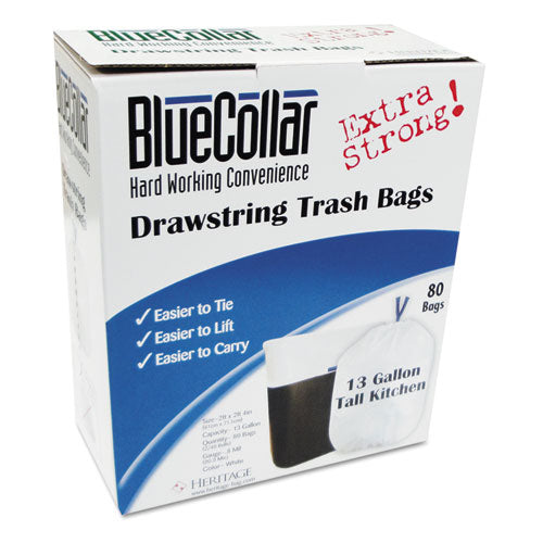 Drawstring Trash Bags, 13 Gal, 0.8 Mil, 24" X 28", White, 40 Bags/roll, 2 Rolls/box