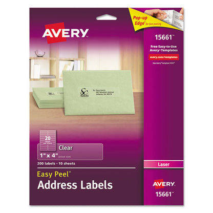 Matte Clear Easy Peel Mailing Labels W/ Sure Feed Technology, Laser Printers, 1 X 4, Clear, 20/sheet, 10 Sheets/pack