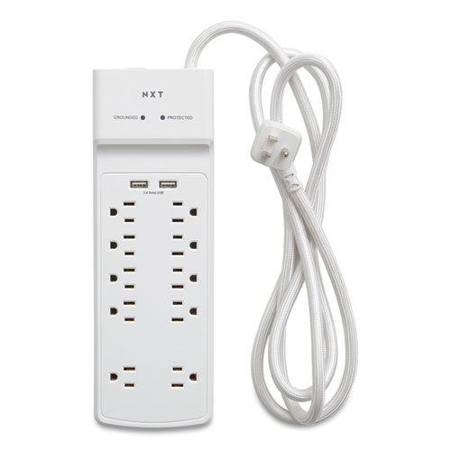 Surge Protector, 10 Ac Outlets/2 Usb Ports, 6 Ft Cord, 3,000 J, White