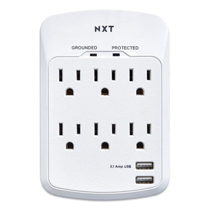 Wall-mount Surge Protector, 6 Ac Outlets/2 Usb Ports, 1,200 J, White