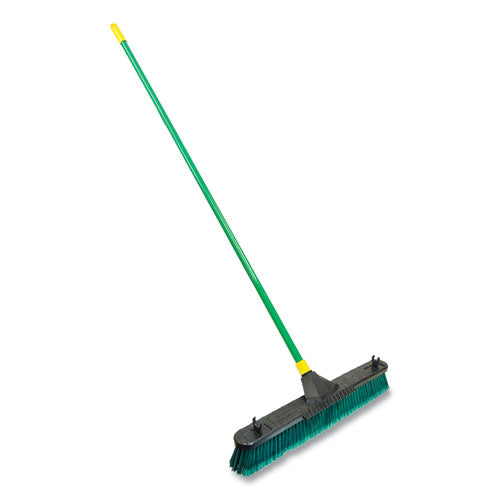 Bulldozer Multisurface Pushbroom With Scraper Block, 24 X 60, Powder Coated Steel Handle, Green/black/yellow