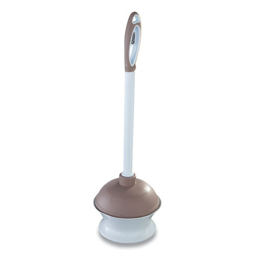 Plastic Toilet Plunger And Caddy With Microban, 16" Plastic Handle, 6.5" Dia, White/taupe