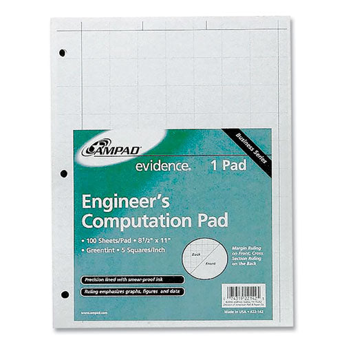 Evidence Engineer's Computation Pad, Cross-section Quadrille Rule (5 Sq/in, 1 Sq/in), 100 Green-tint 8.5 X 11 Sheets